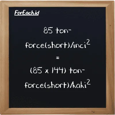 Cara konversi ton-force(short)/inci<sup>2</sup> ke ton-force(short)/kaki<sup>2</sup> (tf/in<sup>2</sup> ke tf/ft<sup>2</sup>): 85 ton-force(short)/inci<sup>2</sup> (tf/in<sup>2</sup>) setara dengan 85 dikalikan dengan 144 ton-force(short)/kaki<sup>2</sup> (tf/ft<sup>2</sup>)